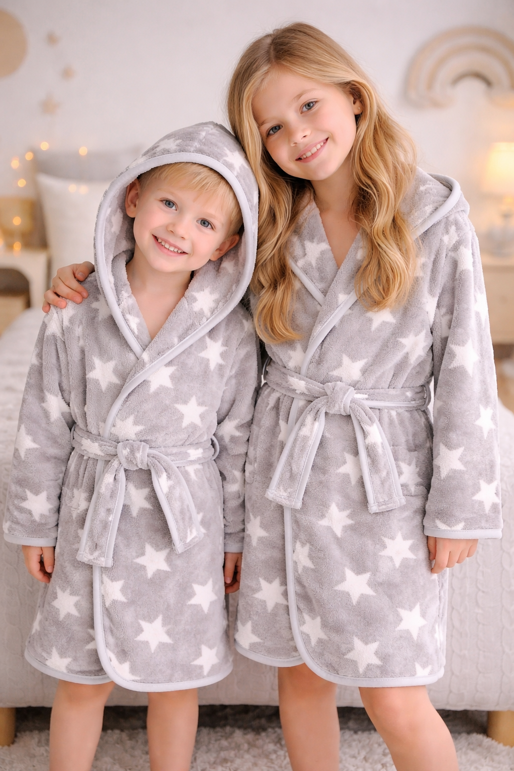 dwoje dzieci ubrane w polarowe szlafroki w kolorze beżowym z białymi gwiazdkami, z kapturem i paskiem do przewiązywania w pokoju dziecięcym